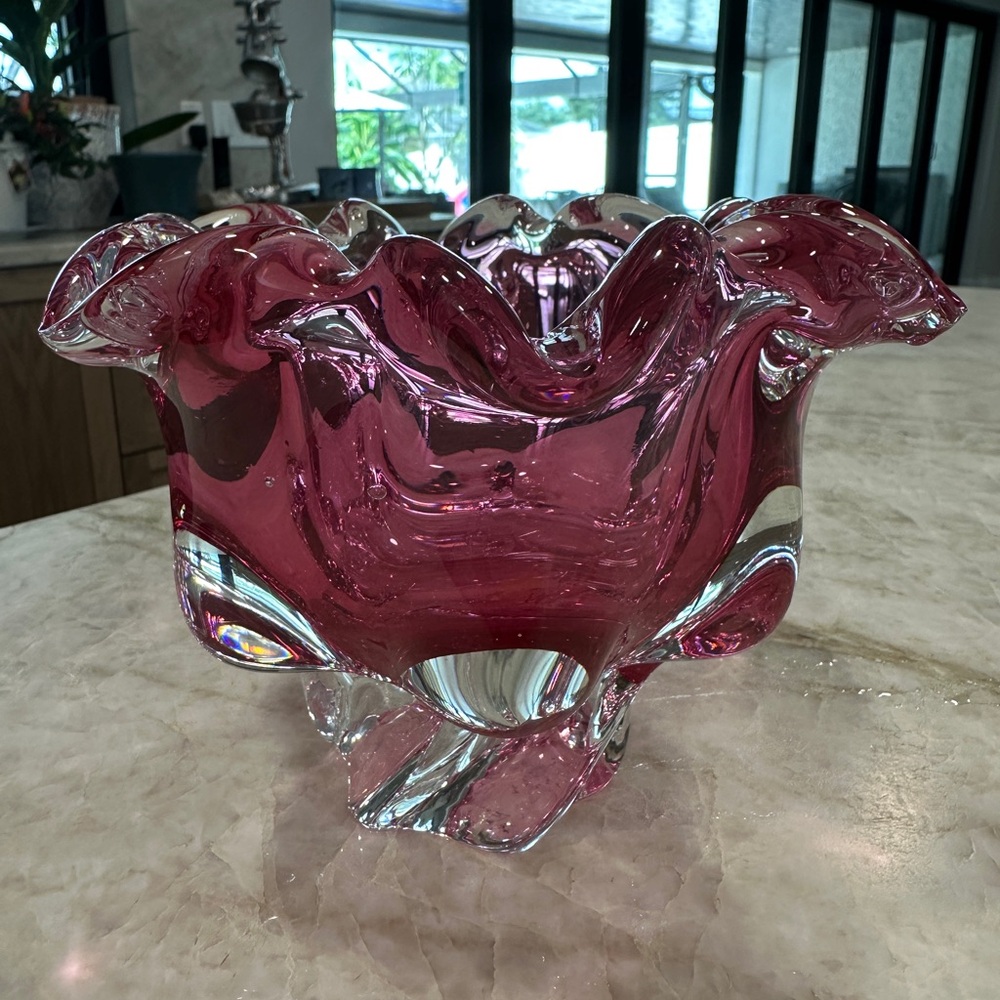 1960's 7” Art Glass Bowl Pink | Josef Hospodka For Chribska Glassworks